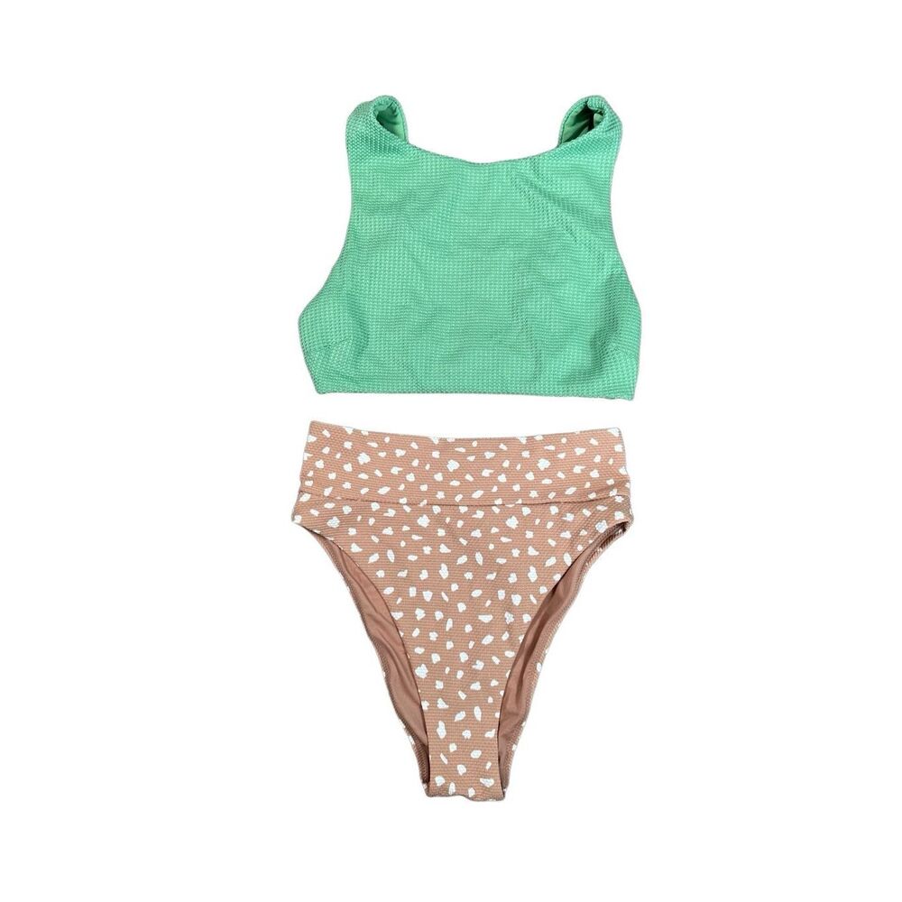 aerie Mint Green High Neck Bikini Top & Tan Heart Print High Waist Bottom